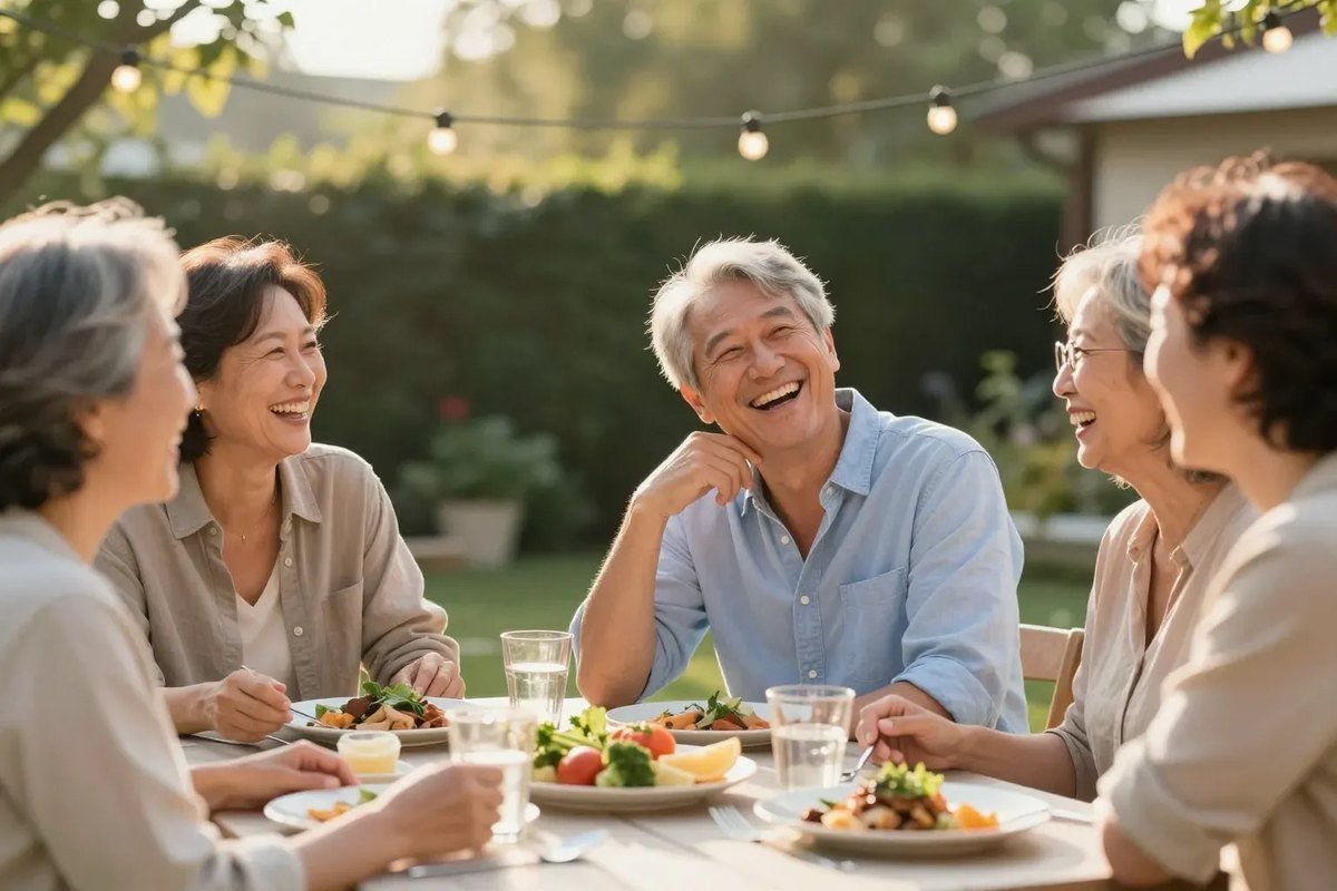 Friends laughing together around an outdoor table on a sunny afternoon